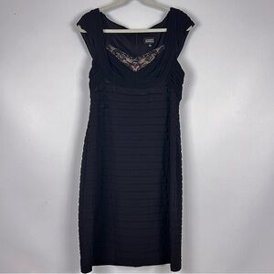 Adrianna Papell Black Ruffle Dress With Lace Balconette Neckline 14 Cap Sleeve